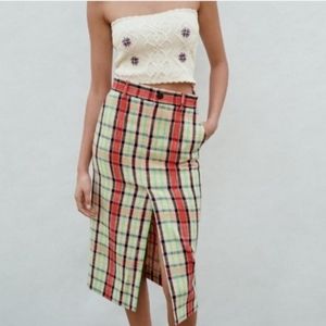 NEW Zara tweed textured plaid pencil midi skirt high waisted Small